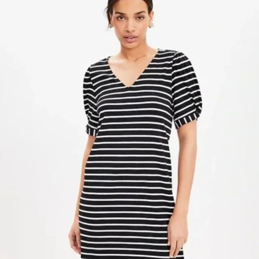 LOFT Women's XL Petite Puff Sleeve Black White Striped Soft V Neck T-Shirt Dress